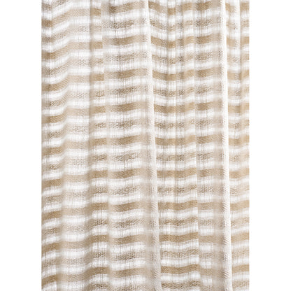 Beige and ivory striped textured fabric with soft drape, linen curtain textile.