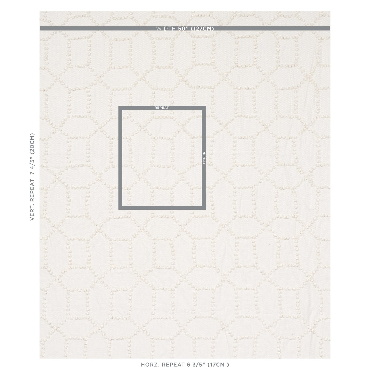 Cream quilted wallpaper with pale stitched lattice pattern and a centered gray square accent.
