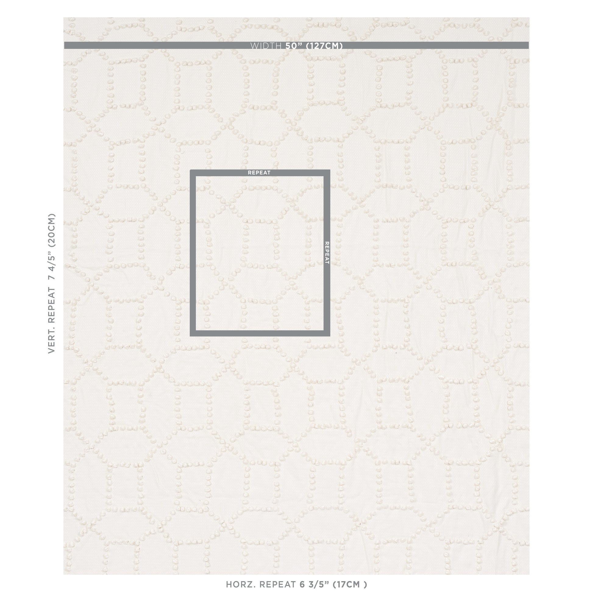 Cream quilted wallpaper with pale stitched lattice pattern and a centered gray square accent.