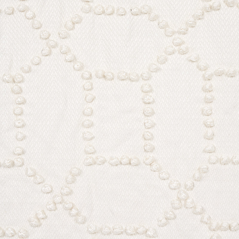 Ivory embroidery fabric with a beaded lattice pattern; pearl-like beads form linked circles in a vintage lace-inspired design.