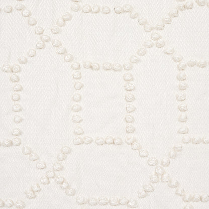 Ivory embroidery fabric with a beaded lattice pattern; pearl-like beads form linked circles in a vintage lace-inspired design.