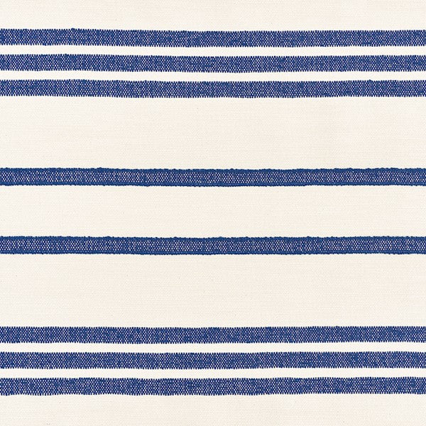 Cream linen-like fabric with navy horizontal stripes; nautical striped textile for clothing or home decor.