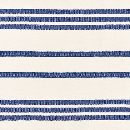 Cream linen-like fabric with navy horizontal stripes; nautical striped textile for clothing or home decor.