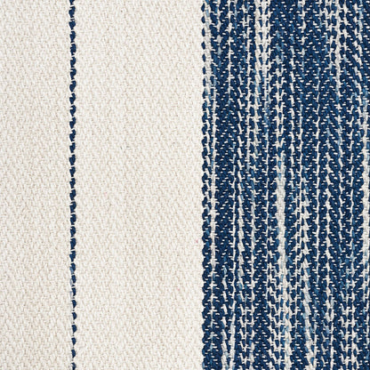 Beige woven textile with navy blue vertical stripes and textured weave.
