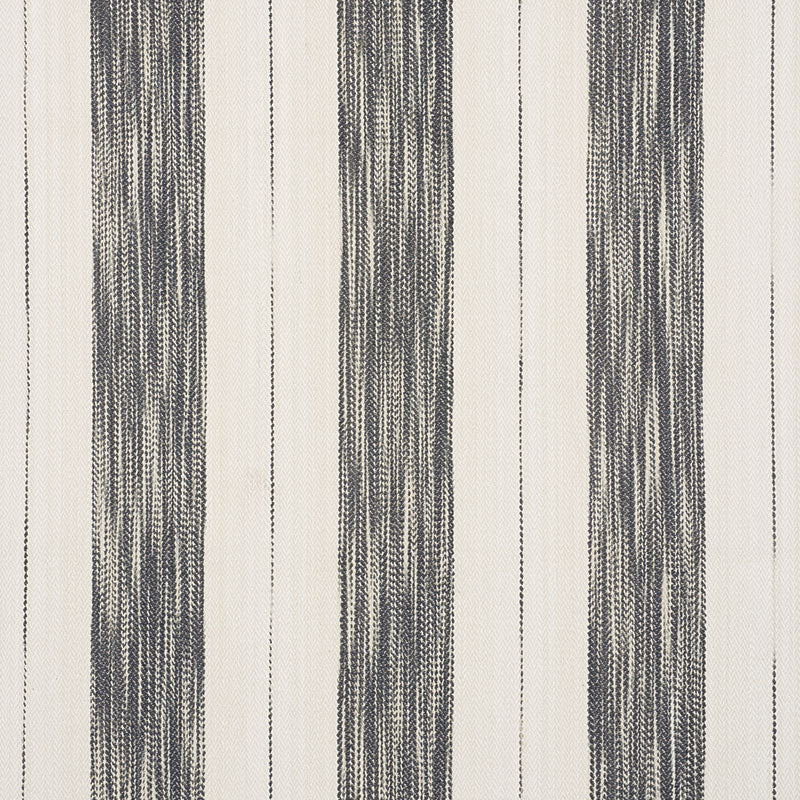 Beige woven fabric with three dark blue vertical striped panels, textured pattern for upholstery or drapery.