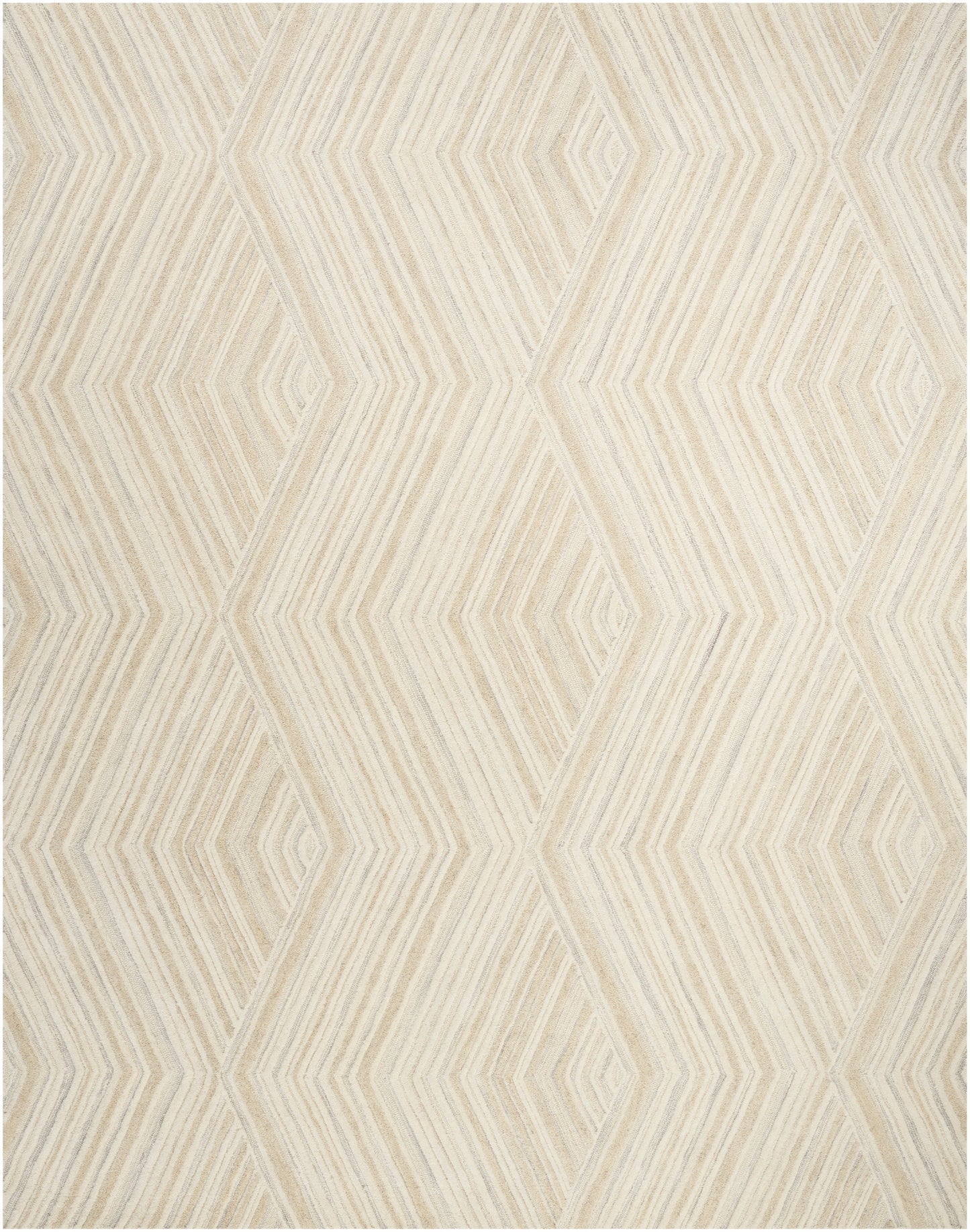 Beige and cream geometric diamond patterned rug with concentric lines and woven texture.