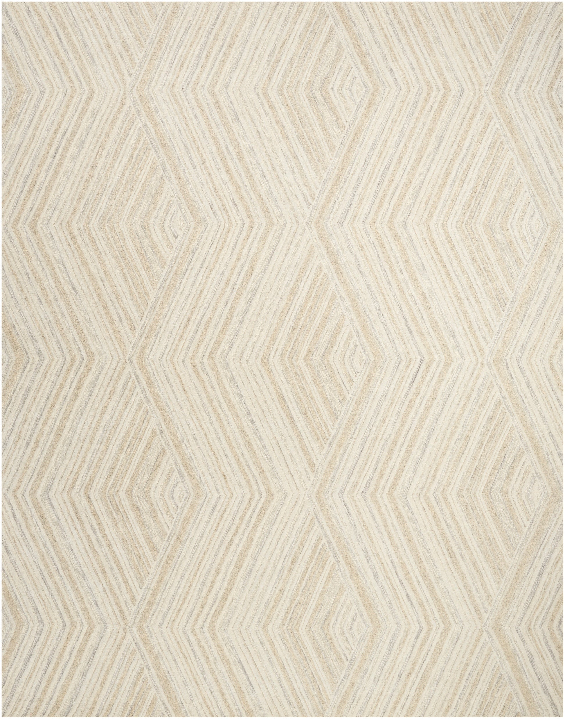 Beige and cream geometric diamond patterned rug with concentric lines and woven texture.