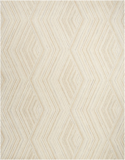 Beige and cream geometric diamond patterned rug with concentric lines and woven texture.