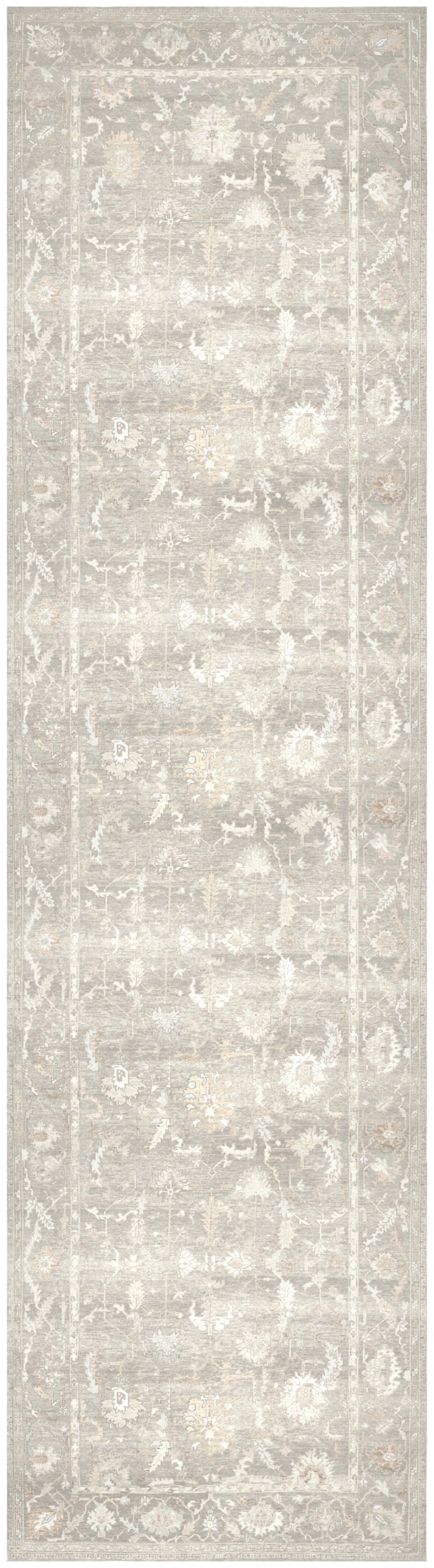 Cream ivory rug runner with subtle vintage floral motif & light border; rectangular hallway rug for entry or stairs.