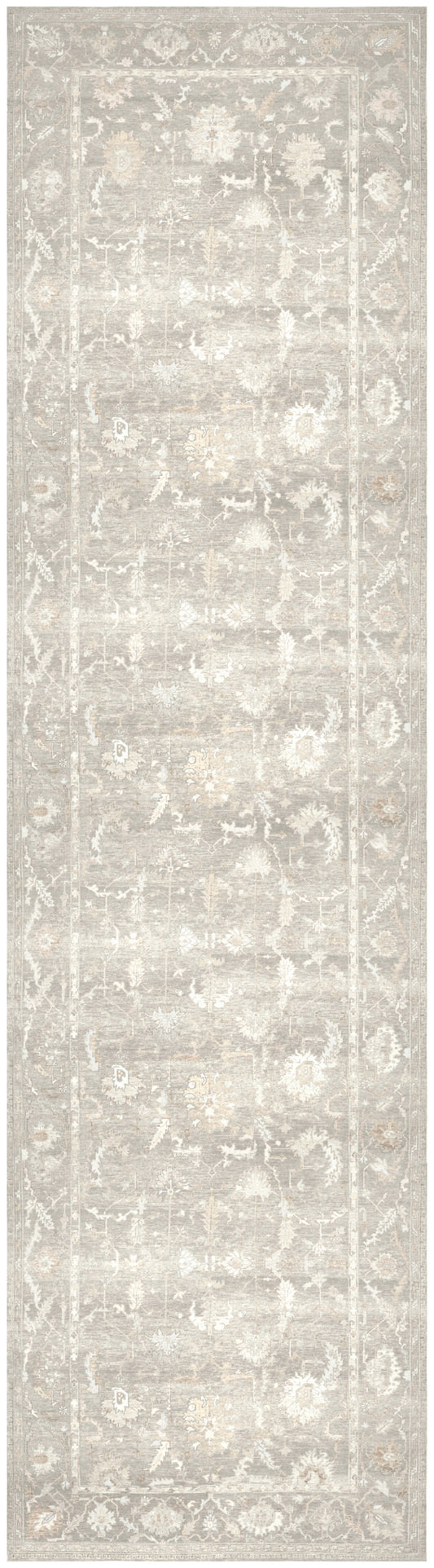 Cream ivory rug runner with subtle vintage floral motif & light border; rectangular hallway rug for entry or stairs.