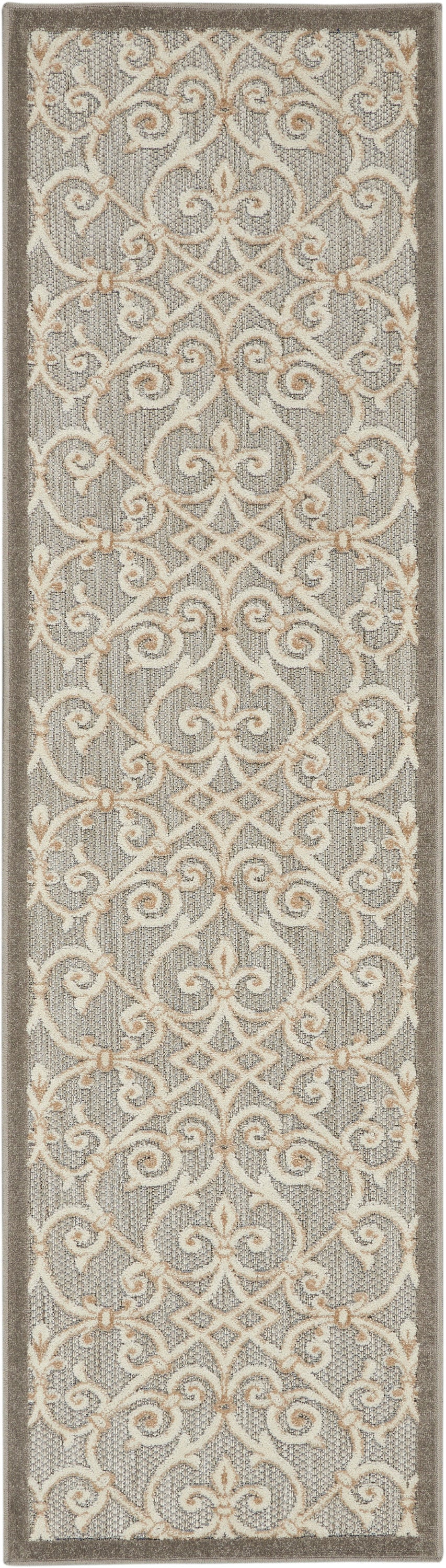 Long gray 8' runner rug with ivory damask scrolling pattern, textured weave, and dark brown border.