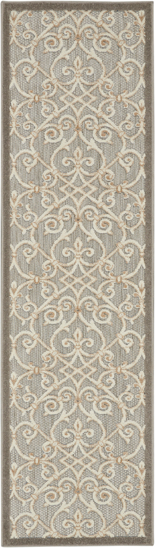 Long gray 8' runner rug with ivory damask scrolling pattern, textured weave, and dark brown border.