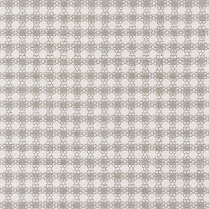 Gray and white woven fabric pattern with small circular lattice motifs in a grid.
