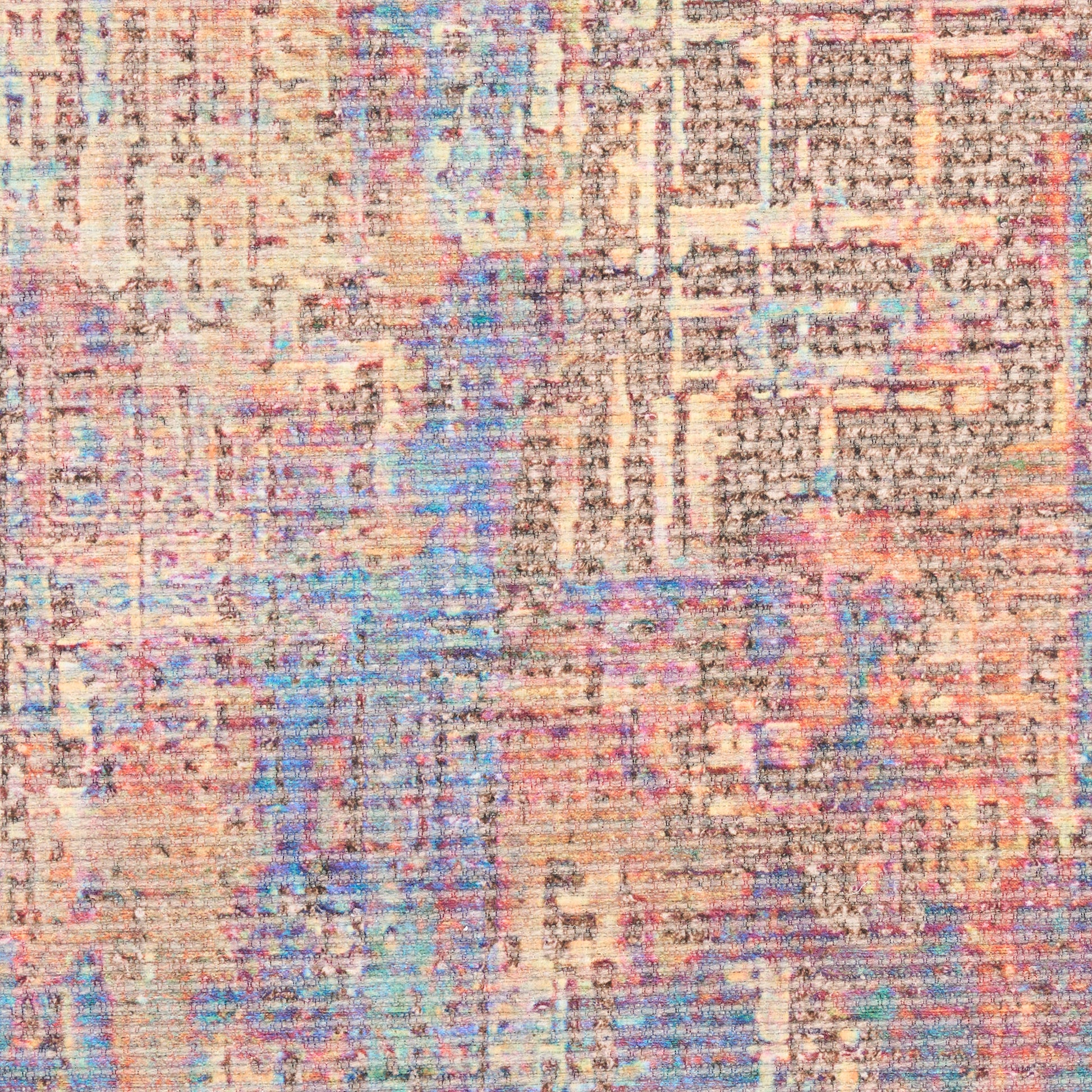 Rectangular area rug with abstract distressed pattern in peach, blue, pink and beige tones, woven texture.