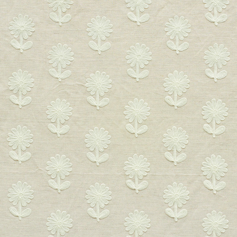 Beige linen fabric with repeating white embroidered daisies; textured floral pattern, soft vintage-inspired look.