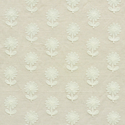 Beige linen fabric with repeating white embroidered daisies; textured floral pattern, soft vintage-inspired look.