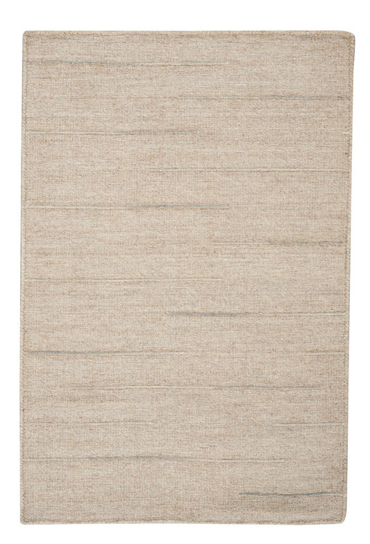 Beige woven rectangular rug with subtle horizontal stripes; natural jute-like texture for neutral living spaces.