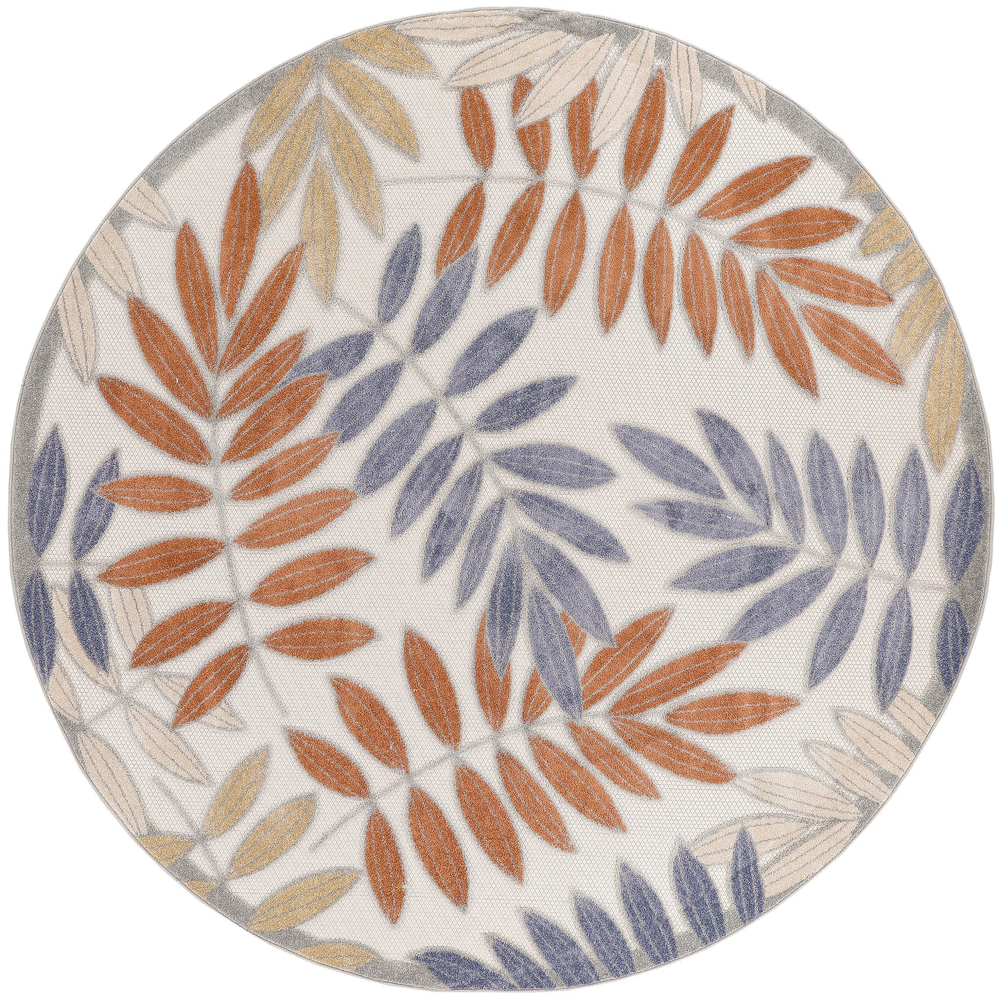 Round rug with orange, lavender, and beige leaves on cream background; embroidered look.
