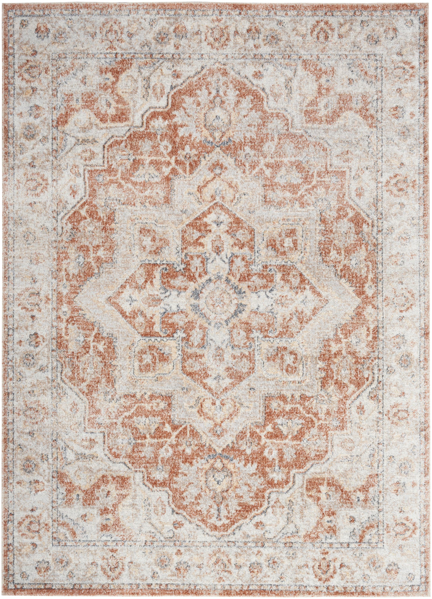 Rectangular distressed oriental rug with a peach and ivory central medallion, pale blue accents and an ornate border.