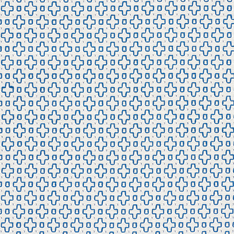 Repeating blue cross/plus geometric pattern on white background; bold modern print.