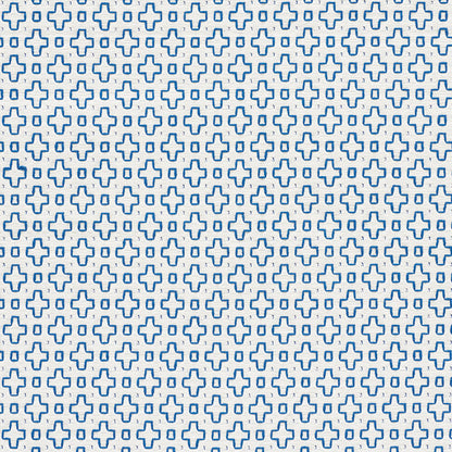 Repeating blue cross/plus geometric pattern on white background; bold modern print.