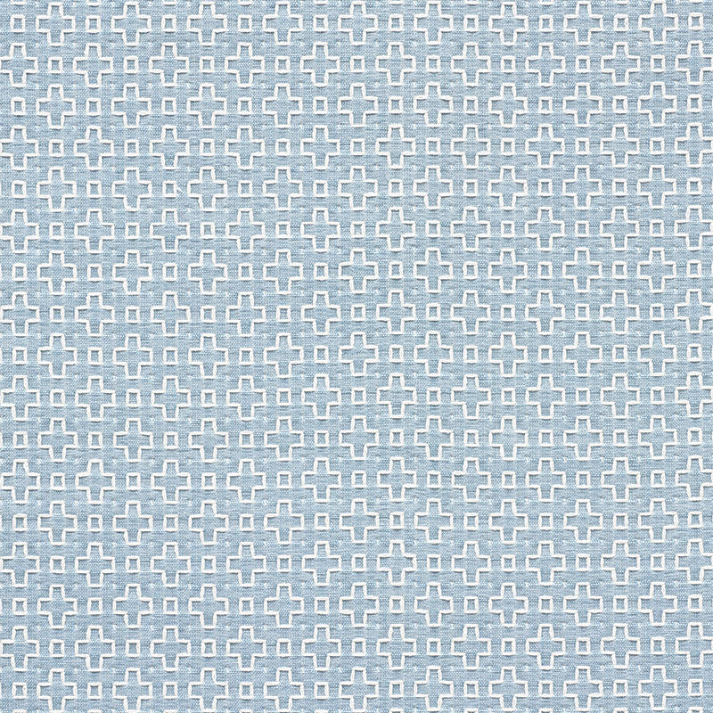 Light blue fabric with a repeating white plus-shaped geometric pattern.