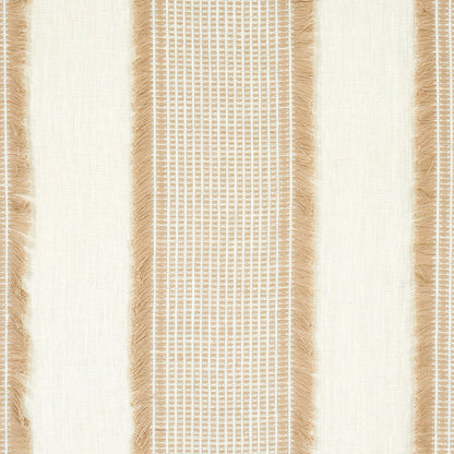 Cream and tan striped woven textile with fringed edges and a central grid-patterned stripe.