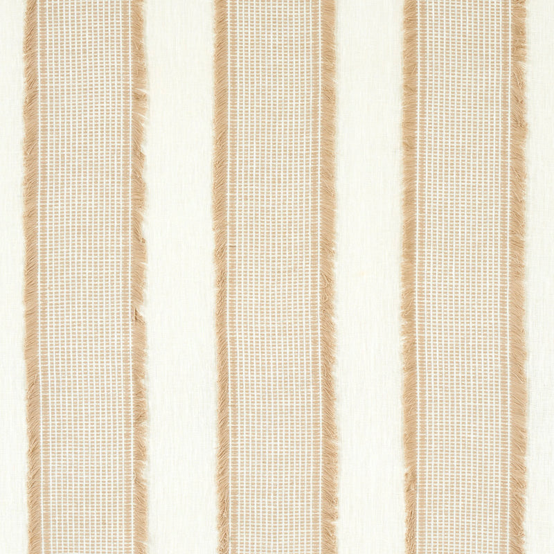Cream and beige striped woven rug with fringe edges; neutral, textured floor decor.