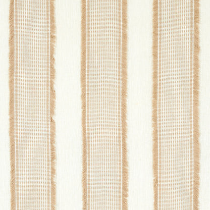 Cream and beige striped woven rug with fringe edges; neutral, textured floor decor.