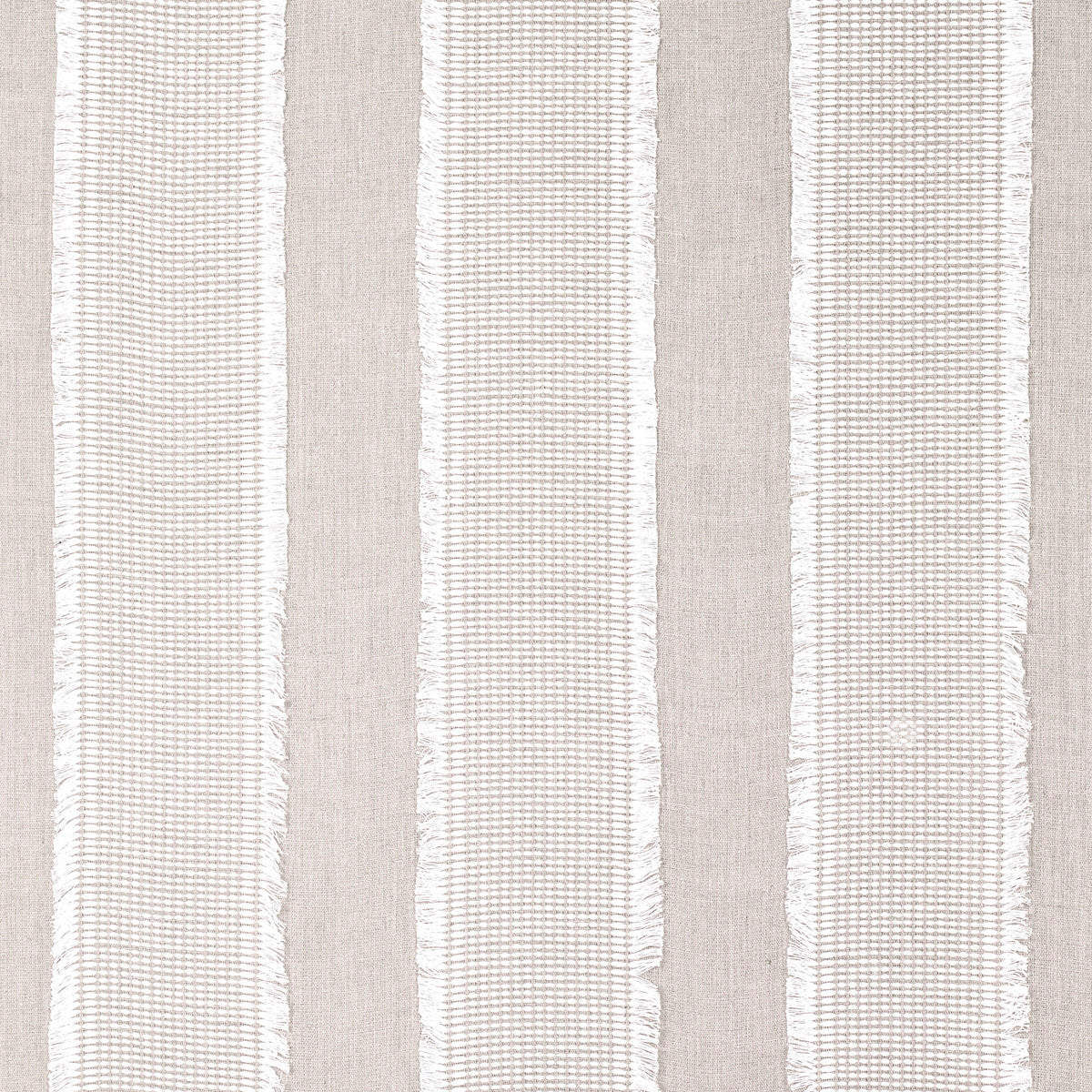 Fringe-trimmed striped rug in beige and ivory, woven texture, rectangular area rug.