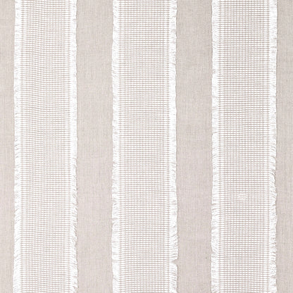 Fringe-trimmed striped rug in beige and ivory, woven texture, rectangular area rug.