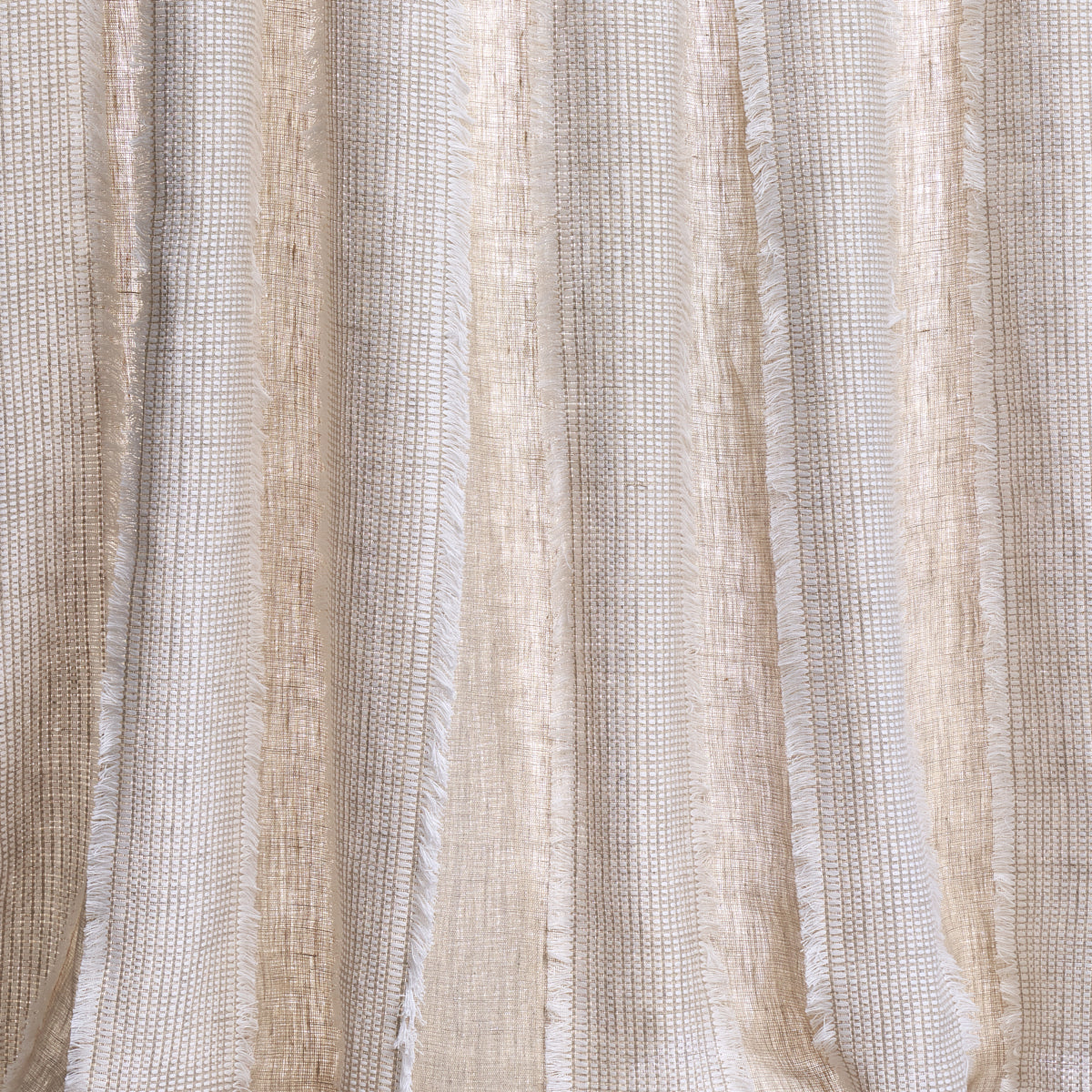 Beige and cream striped textured curtain fabric with soft vertical folds.
