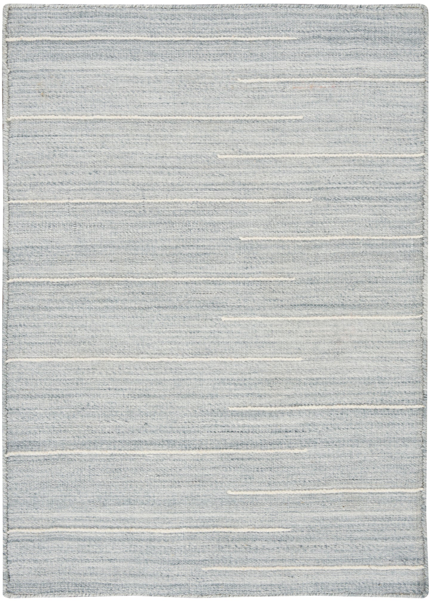 Light blue woven area rug with subtle white horizontal stripes and soft textured surface.