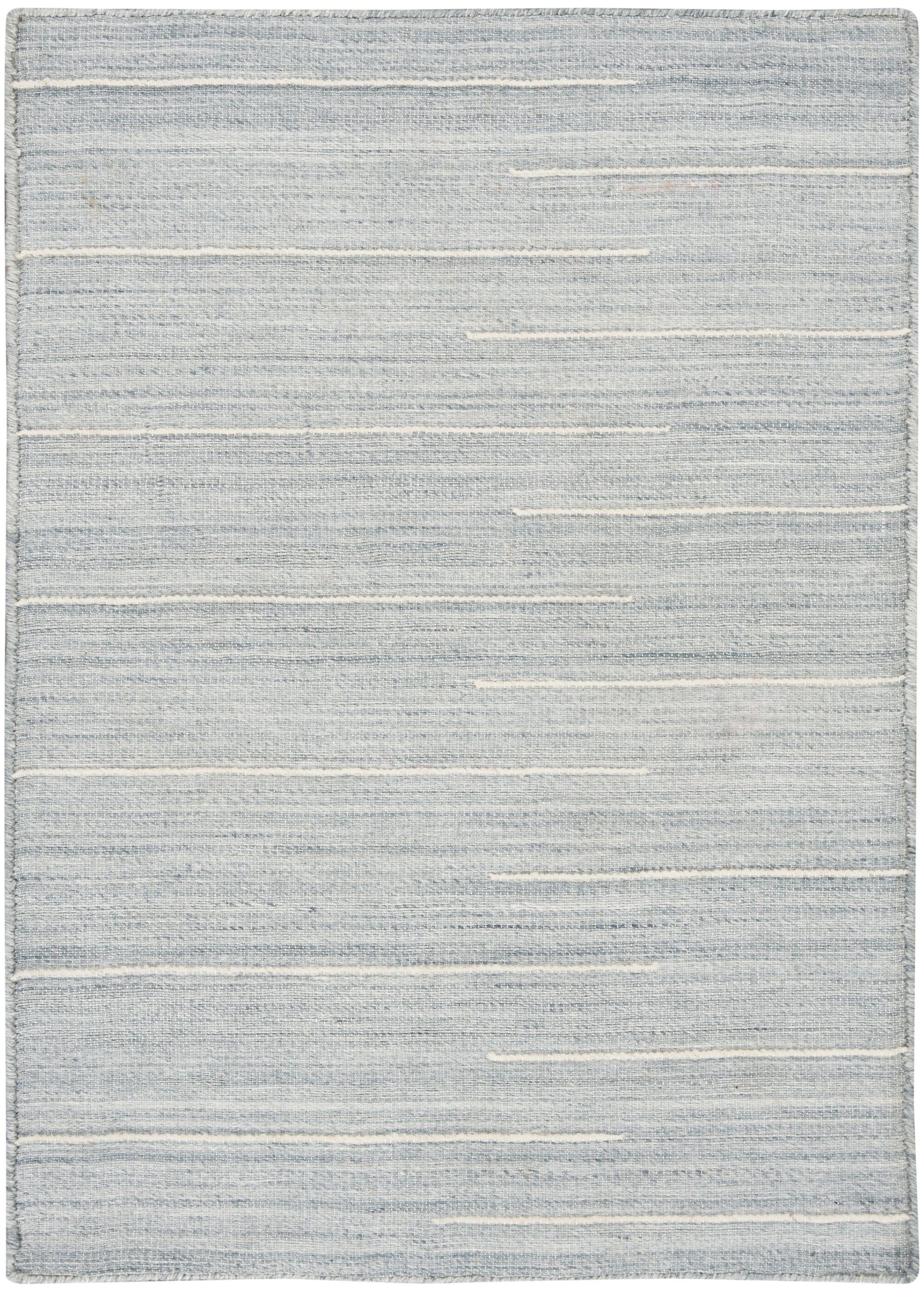 Light blue woven area rug with subtle white horizontal stripes and soft textured surface.