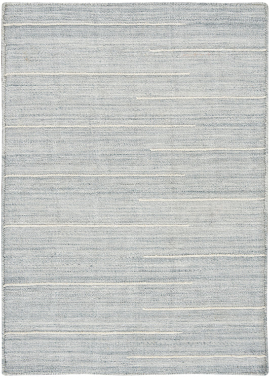 Light blue woven area rug with subtle white horizontal stripes and soft textured surface.