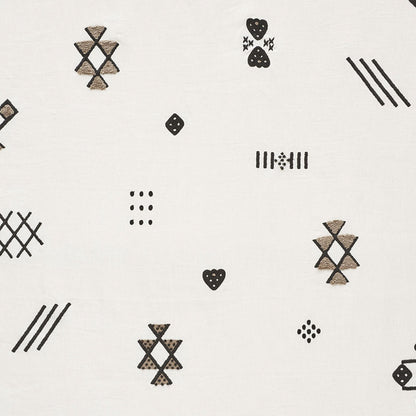 White sheer with black embroidery featuring triangle-star motifs, striped bars, dotted grids and small hearts.