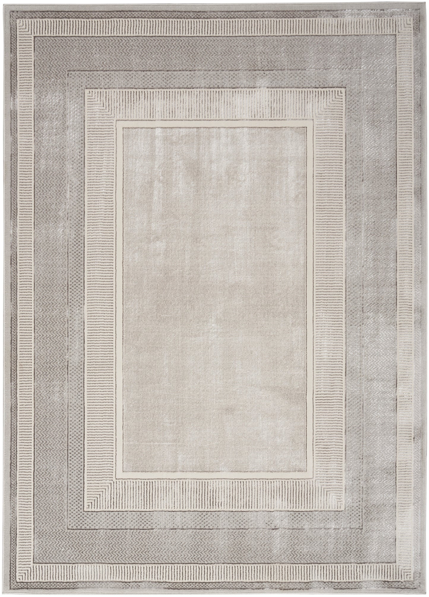 Rectangular 5' x 7' area rug in light beige and gray with layered geometric borders for a neutral modern look