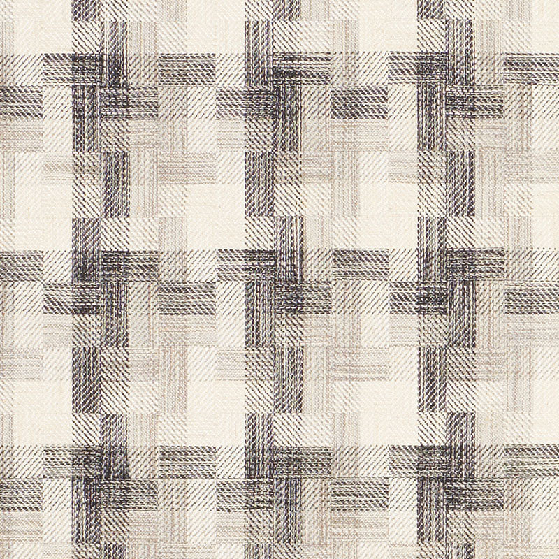 Beige woven fabric with a plaid crosshatch pattern in navy-gray; textile texture for upholstery or drapery.