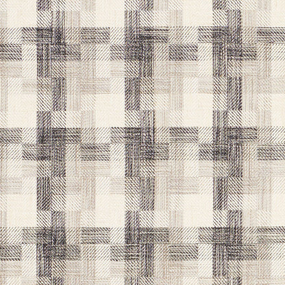 Beige woven fabric with a plaid crosshatch pattern in navy-gray; textile texture for upholstery or drapery.