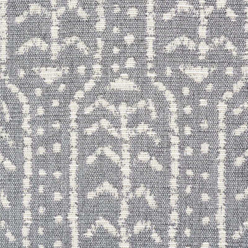 Grey jacquard woven fabric with white damask floral motifs and vertical column pattern.