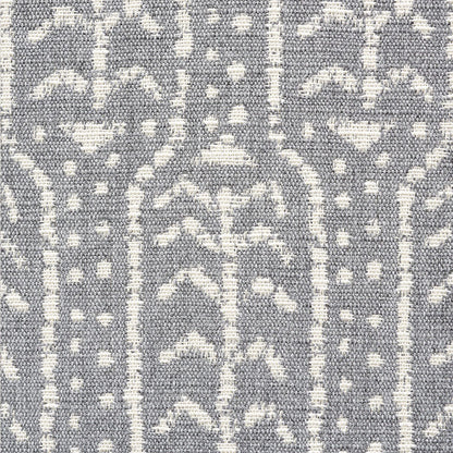 Grey jacquard woven fabric with white damask floral motifs and vertical column pattern.