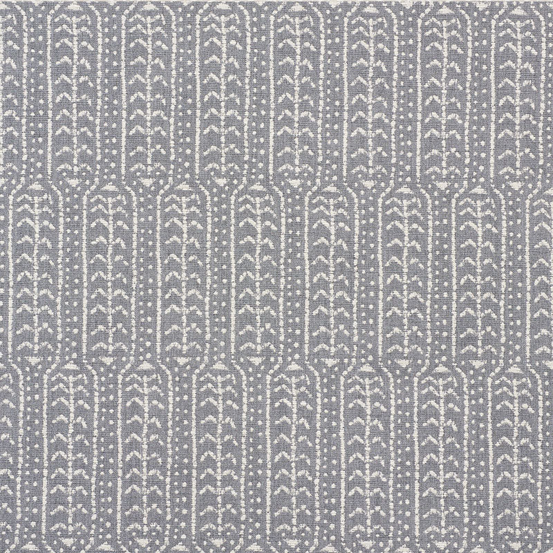 Charcoal indoor/outdoor woven textile with white vertical leaf-pattern motifs in repeating columns; suitable for upholstery or throw.