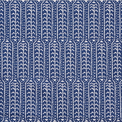 Navy blue fabric with white vertical leaf-like jacquard pattern; geometric jacquard weave.