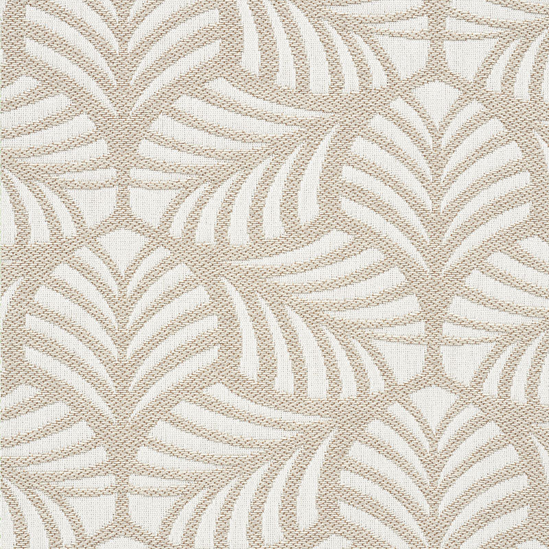 Beige textured fabric with white palm frond pattern; tropical-style upholstery textile.