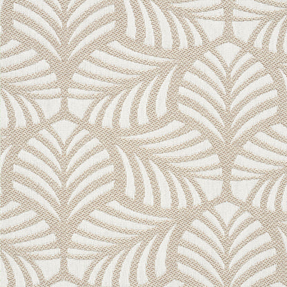 Beige textured fabric with white palm frond pattern; tropical-style upholstery textile.