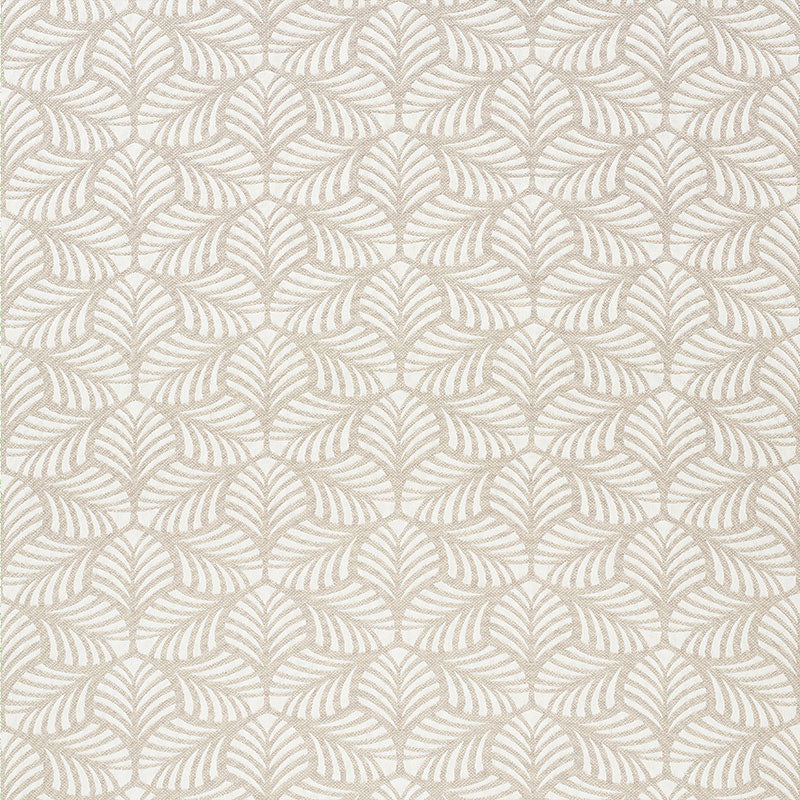 Beige palm-leaf botanical pattern with taupe leaves on cream; indoor/outdoor woven fabric.