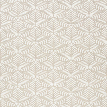 Beige palm-leaf botanical pattern with taupe leaves on cream; indoor/outdoor woven fabric.
