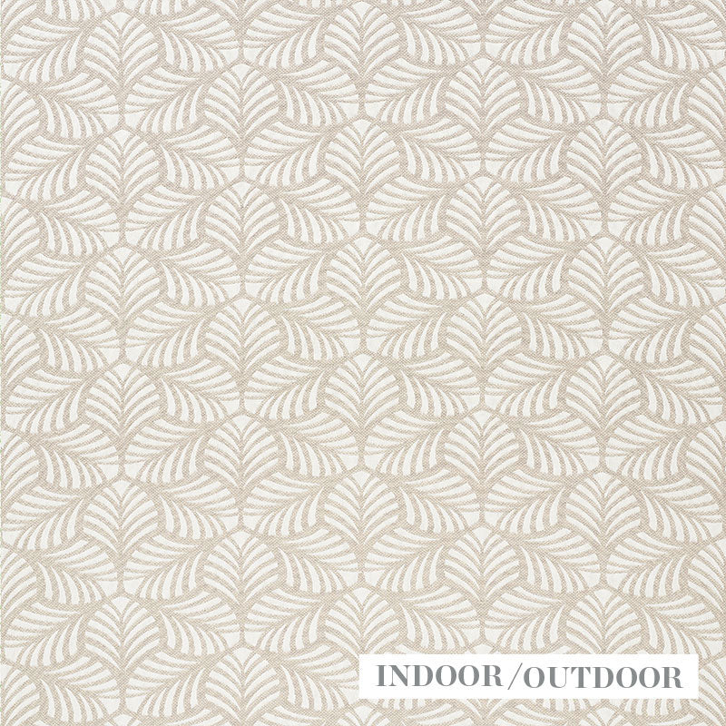 Beige wallpaper with a repeating taupe palm-like leaf pattern; neutral organic design for indoor/outdoor use.
