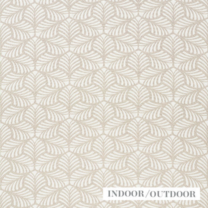 Beige wallpaper with a repeating taupe palm-like leaf pattern; neutral organic design for indoor/outdoor use.