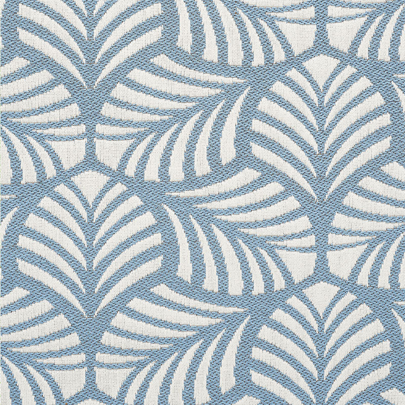 Blue palm-leaf patterned textile on cream/ivory background; tropical, woven fabric suitable for upholstery or curtains.